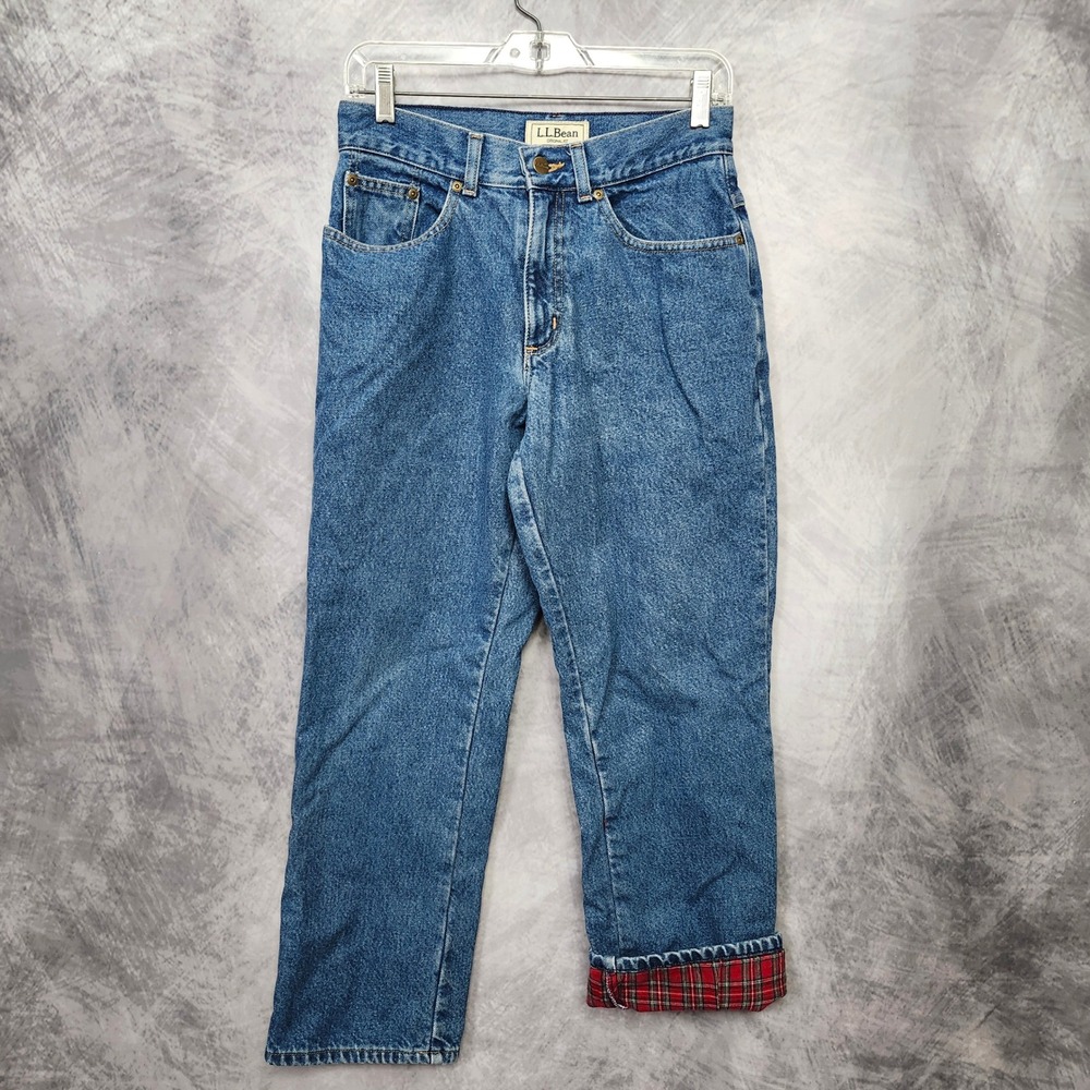 LL Bean Flannel Lined Jeans Womens 6 Petite Original Fit Red Plaid Denim 272283